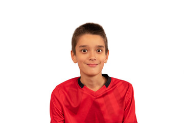 Surprised handsome boy in a red shirt on a white background