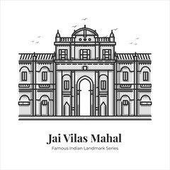 Jai Vilas Mahal Indian Famous Iconic Landmark Cartoon Line Art Illustration