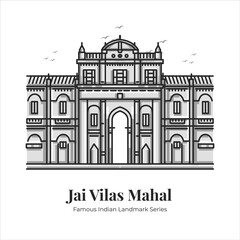 Jai Vilas Mahal Indian Famous Iconic Landmark Cartoon Line Art Illustration