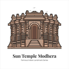 Sun Temple Modhera Indian Famous Iconic Landmark Cartoon Line Art Illustration