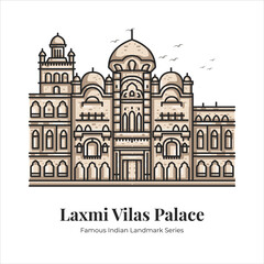 Obraz premium Laxmi Vilas Palace Indian Famous Iconic Landmark Cartoon Line Art Illustration