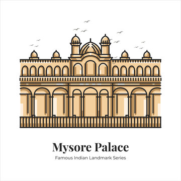 Mysore Palace Indian Famous Iconic Landmark Cartoon Line Art Illustration