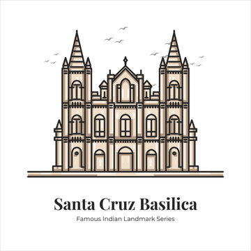 Santa Cruz Basilica Indian Famous Iconic Landmark Cartoon Line Art Illustration