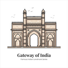 Gateway of India building Indian Famous Iconic Landmark Cartoon Line Art Illustration