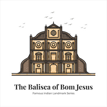 Basilisca of Bom Jesus Indian Famous Iconic Landmark Cartoon Line Art Illustration