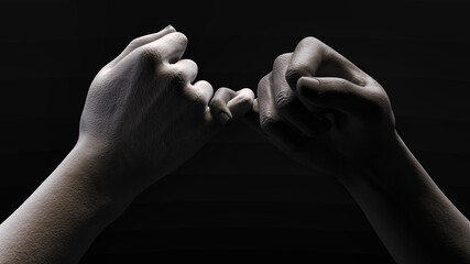 3D illustration of gray and white statue hands fiddling with each other's pinkies in a dark space. Promising gesture. Dramatic lights