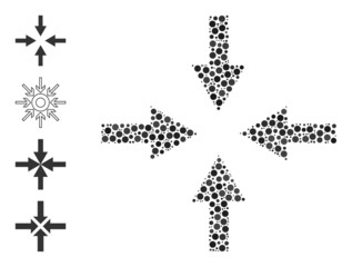 Round dot mosaic compress arrows. Vector mosaic is based on compress arrows icon, and constructed of scattered spheric dots. Vector icon of compress arrows formed of scattered spheric points.
