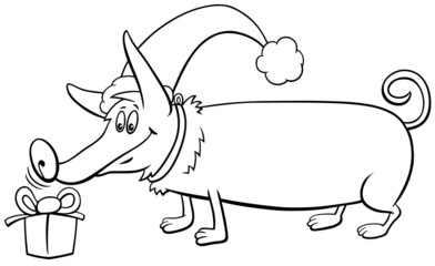 comic dog with gift on Christmas time coloring book page