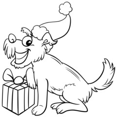 happy dog with gift on Christmas time coloring book page