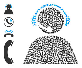 Round dot collage call center operator. Vector collage is based on call center operator icon, and designed from random spheric parts.