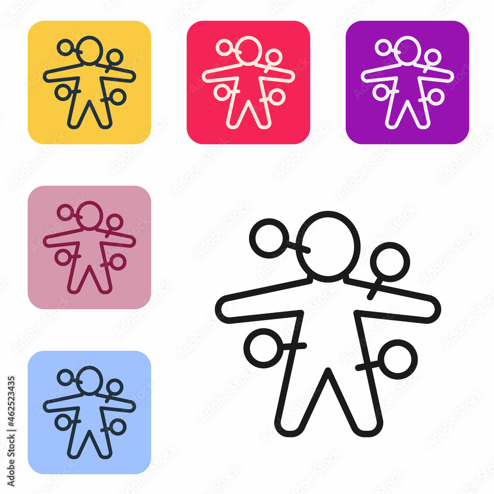 Poster black line voodoo doll icon isolated on white background. set icons in color square buttons. vector