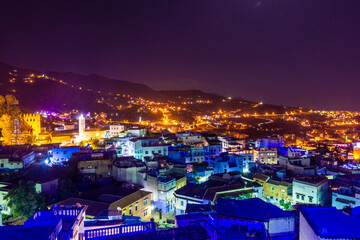 Cityscape of Chefchaouen by night, Morocco