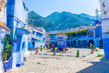 Main square of Chefchaouen, Morocco - obrazy, fototapety, plakaty