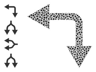 Circle composition bifurcation arrow left down. Vector collage is based on bifurcation arrow left down symbol, and constructed with random circle parts.