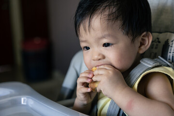 Adorable joyful and Happy 1years old Chinese baby boy having food while sit on baby chair