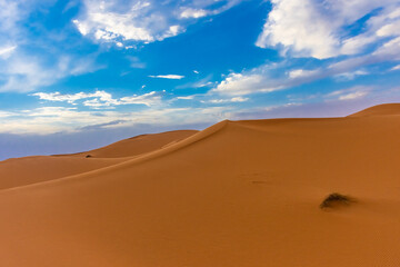 Beautiful landscape of the dunes of the Sahara Desert at dusk, Merzouga, morocco