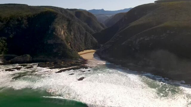 Aerial view of Bloukrans River mouth Otter trail hike Garden Route, South Africa.