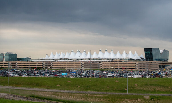 Denver International airport in Colorado with stormy skies moving in