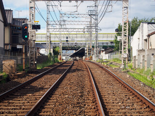 Fototapeta na wymiar 京阪電車 出町柳方面 藤森駅と名神高速道路の高架