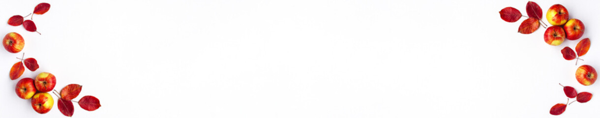 Flat lay top view banner template of red yellow apples and vibrant autumn leaves of the left and right on white background. Healthy organic autumn food and still life concept with copy space.