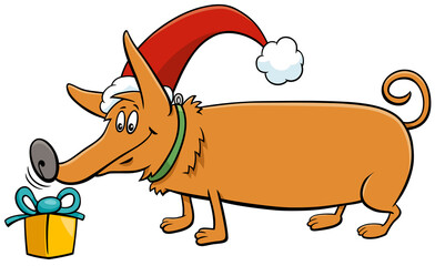 cartoon dog with gift on Christmas time