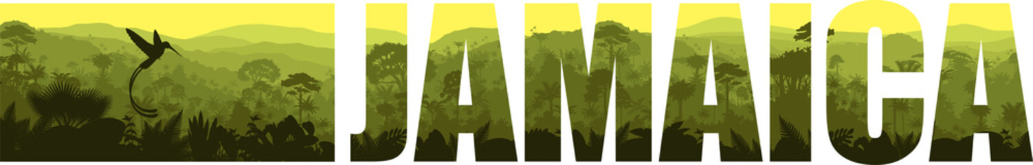 vector panorama of Jamaica with jungle and hummingbird
