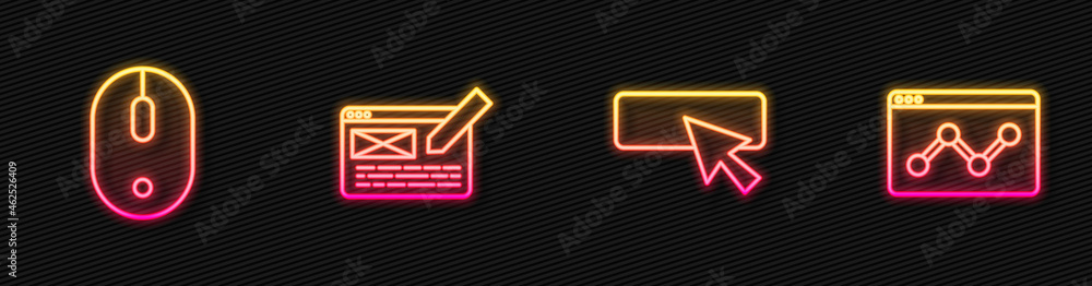 Poster set line ui or ux design, computer mouse, and website statistic. glowing neon icon. vector