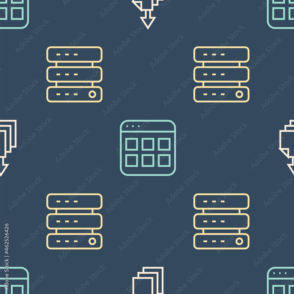 Poster set line data export, server, data, web hosting and browser files on seamless pattern. vector