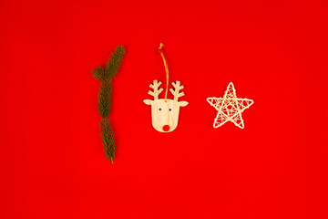 Christmas composition. Christmas pine branches, toys on white background. Flat lay, top view.