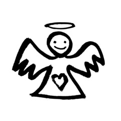 Vector image of an angel with a heart. Hand drawing, ink style. Sketch, doodle. Christmas, New Year. Winter. Black on white background