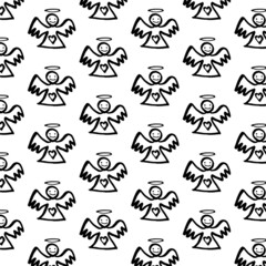 Vector pattern with angels. Hand drawing, ink style. Sketch, doodle. Christmas, New Year. Winter. Black on white background