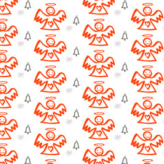 Vector pattern with angels, bells and snowflakes. Hand drawing, ink style. Sketch, doodle. Christmas, New Year. Winter. Red and gray on white background