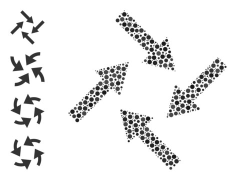 Circle Collage Centripetal Arrows. Vector Collage Is Based On Centripetal Arrows Icon, And Organized Of Randomized Round Items. Vector Icon Of Centripetal Arrows Created Of Irregular Circle Pixels.