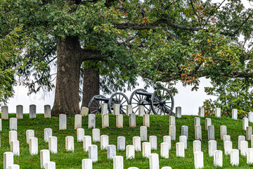 Civil War cannons with grave stones and trees in the fall - obrazy, fototapety, plakaty