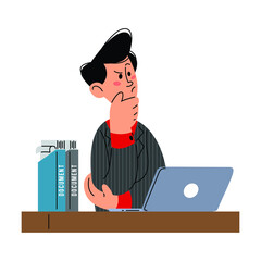Businessman thinking on working desk flat vector illustration