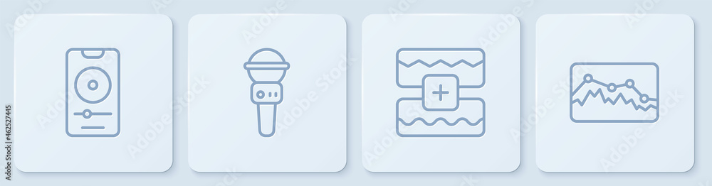 Poster set line music player, wave equalizer, microphone and . white square button. vector