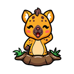 Cute baby hyena cartoon out of ground