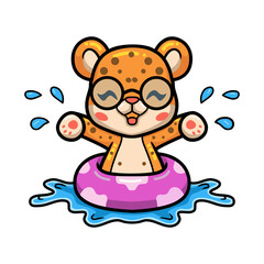 Cute baby leopard cartoon with inflatable ring