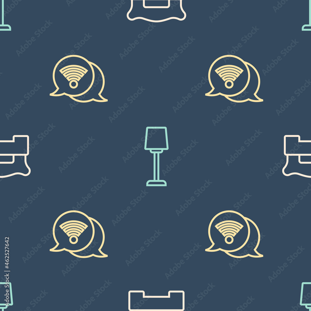 Poster set line bedroom, wi-fi wireless internet and table lamp on seamless pattern. vector