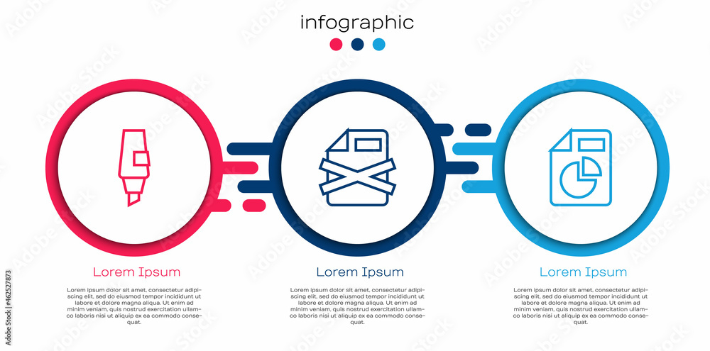 Poster set line marker pen, delete file document and document with graph chart. business infographic templa