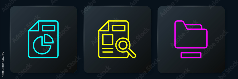 Poster set line document with graph chart, folder and . black square button. vector
