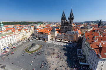Fototapeta na wymiar Landscape view of the old town square and the Church of our Lady Before Tyn from the Astronomical Clock in Prague.
