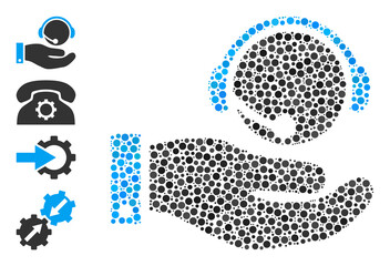 Circle collage call center service. Vector collage is based on call center service icon, and made with randomized circle dots. Vector icon of call center service formed of scattered round dots.