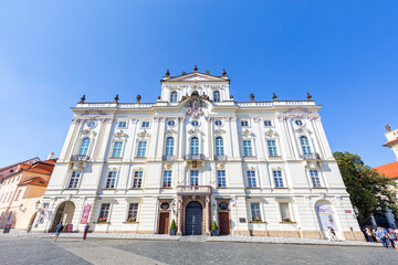 PRAGUE, CZECHIA - SEPTEMBER 8: Unidentified People in front of the Archbishop Palace in Prague, Czechia on September 8, 2016.