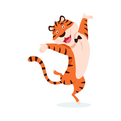 Flat adorable tiger isolated on white background. Cute happy joyful wild cat. New Year 2022 Chinese symbol. Holiday standing striped cheerful character vector illustration.