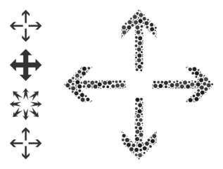 Round dot composition expand arrows. Vector mosaic is based on expand arrows icon, and organized of randomized round parts. Vector icon of expand arrows composed of irregular spheric elements.