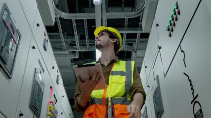 Electrical and Instrument technician checking electrical control board of solar electricity generation
