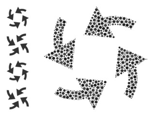 Round dot combination cyclone arrows. Vector collage is based on cyclone arrows icon, and formed of scattered round dots. Vector icon of cyclone arrows created with scattered round items.