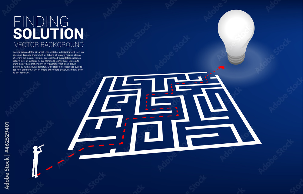 Fototapete Silhouette of businessman looking through telescope standing on route into maze to goal. Business concept for problem solving and finding idea.