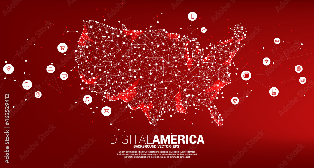 Poster vector united states map from polygon dot connect line with digital lifestyle icon. concept for amer